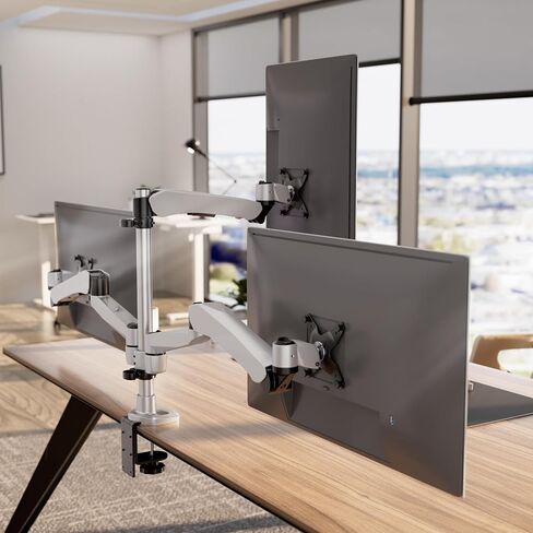 Mount-It! CLiX Triple Monitor Mount Pyramid Desk Stand, TAA-Compliant, Gas Spring 3 Monitor Desk Mount Fits 13-32" up to 19.8 lbs Each, VESA 75x75 100x100, Full Motion, 2+1 Configuration, Aluminum in Saudi Arabia
