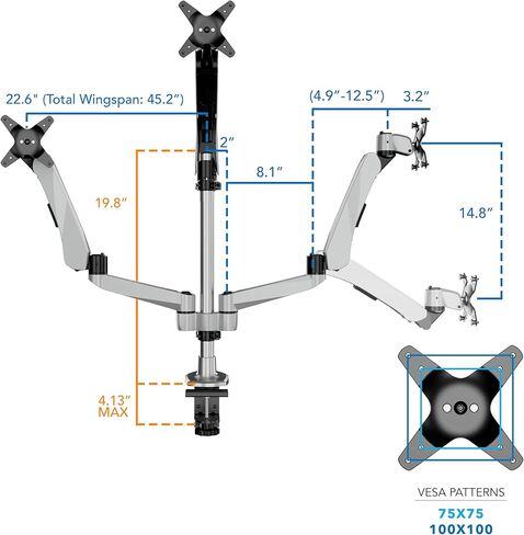 Mount-It! CLiX Triple Monitor Mount Pyramid Desk Stand, TAA-Compliant, Gas Spring 3 Monitor Desk Mount Fits 13-32" up to 19.8 lbs Each, VESA 75x75 100x100, Full Motion, 2+1 Configuration, Aluminum in Saudi Arabia