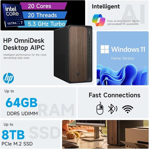 كمبيوتر HP 2025 OmniDesk Business Desktop Next Gen AI PC، Intel Core Ultra 7 265، NVIDIA GeForce RTX 5060، ذاكرة الوصول العشوائي DDR5 سعة 64 جيجابايت، 8 تيرابايت SSD، لوحة مفاتيح وماوس، HDMI، DP، Win 11 Home، حزمة مع Adata 512 جيجابايت SSD خارجي in Kuwait
