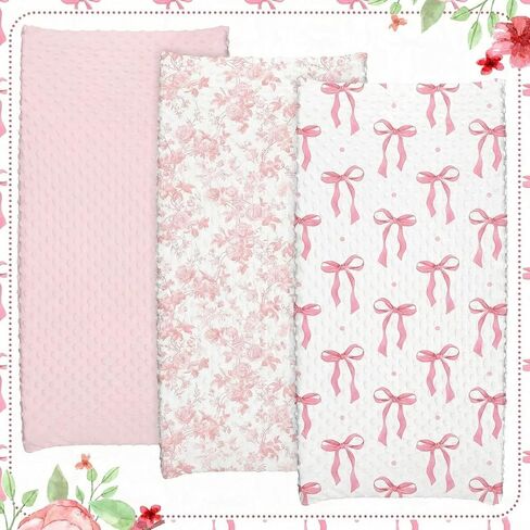 3 Pcs Pink Bow Baby Changing Pad Covers, Flowers Changing Table Cover for Girls, 32 x 16 in Minky Table Sheets, Soft Velvet Nursery Decor, Baby Items in Saudi Arabia