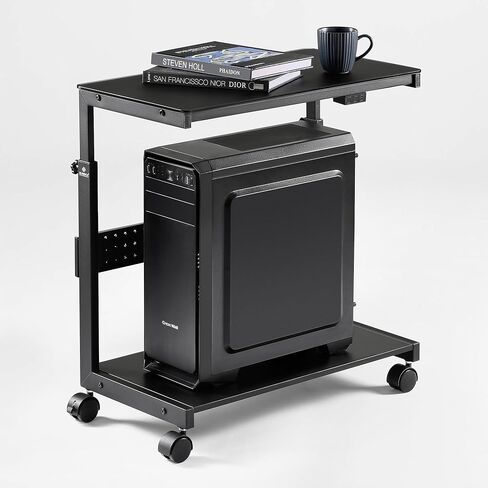 حامل برج كمبيوتر EUREKA ERGONOMIC بارتفاع قابل للتعديل، حامل كمبيوتر لوحي زجاجي مضيء مع مصابيح RGB، عربة حامل وحدة المعالجة المركزية بطبقتين تحت المكتب، حامل أرضي للكمبيوتر الشخصي لألعاب المكتب، التحكم في التطبيقات in Kuwait