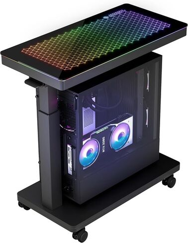 حامل برج كمبيوتر EUREKA ERGONOMIC بارتفاع قابل للتعديل، حامل كمبيوتر لوحي زجاجي مضيء مع مصابيح RGB، عربة حامل وحدة المعالجة المركزية بطبقتين تحت المكتب، حامل أرضي للكمبيوتر الشخصي لألعاب المكتب، التحكم في التطبيقات in Kuwait