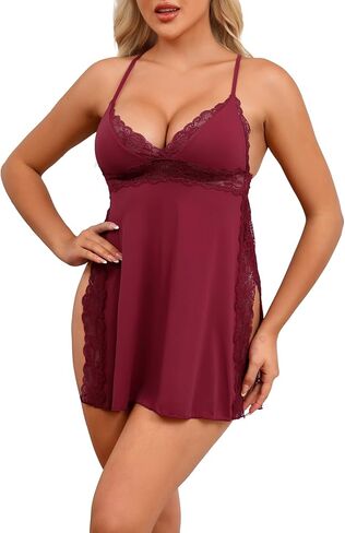 REORIA Women Lingerie Lace Babydoll Strap Chemise Halter Teddy V Neck Sleepwear in Saudi Arabia