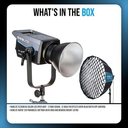 مصباح كشاف LED ثنائي اللون من Nanlite FC300B 2700K-6500K مع 12 تأثيرًا مدمجًا وNanlite Rapid 120 Parabolic Softbox (عنصران) in Kuwait