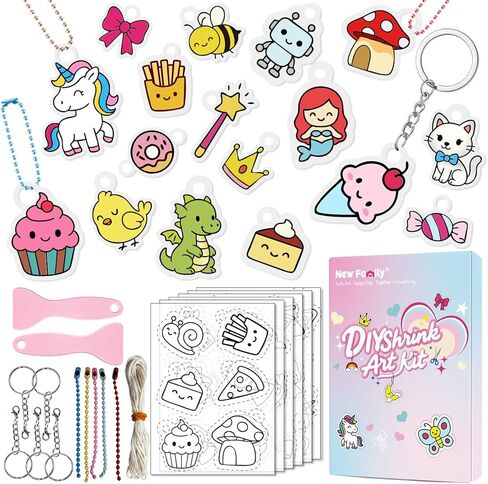 NewFamily Pre-Cut Shrink Art Kit for Kids, 36 Original Shrink Plastic Designs with Charm Accessories, No-Mess DIY Jewelry Making Craft Set for Girls and Boys in Saudi Arabia
