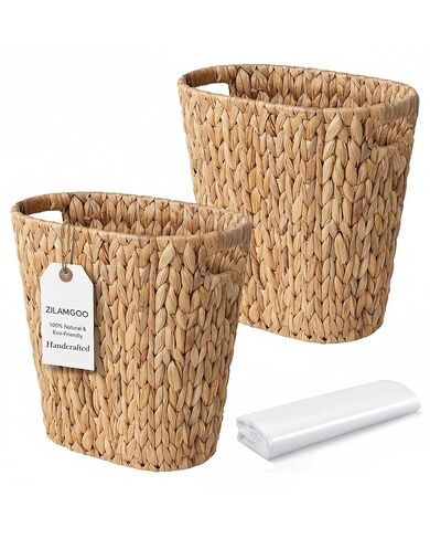 Handwoven Water Hyacinth Trash Can - Natural Wicker Waste Basket with Wooden Handles, Slim Oval Design for Bathroom, Bedroom, Office (13"x7.5"x12") | Eco-Friendly & Space-Saving Storage Bin (1) in Saudi Arabia