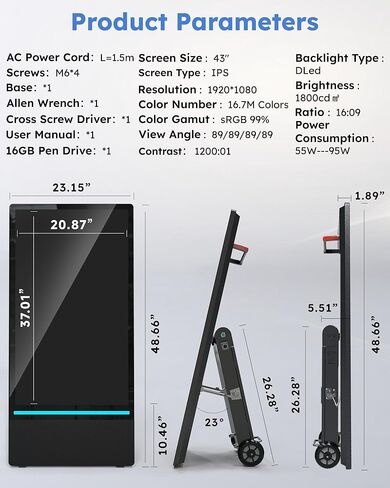 شاشة عرض رقمية خارجية مقاس 43 بوصة من HARZHI، كشك عرض إعلاني بشاشة محمولة عالية السطوع، ملصق قائم متحرك مقاوم للماء Android in Kuwait