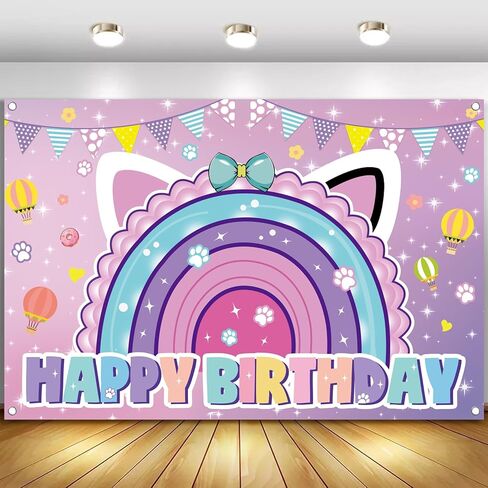 Cartoon Cat Theme Happy Birthday Photography Backdrop, 5x3ft Rainbow Background Photo Booth Banner Props for Kids Girls Boys Birthday Baby Shower Holiday Party Decorations Supplies in Saudi Arabia