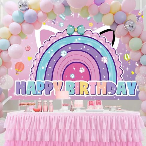 Cartoon Cat Theme Happy Birthday Photography Backdrop, 5x3ft Rainbow Background Photo Booth Banner Props for Kids Girls Boys Birthday Baby Shower Holiday Party Decorations Supplies in Saudi Arabia