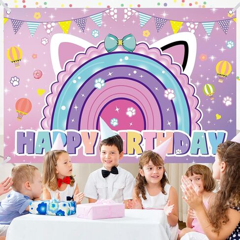 Cartoon Cat Theme Happy Birthday Photography Backdrop, 5x3ft Rainbow Background Photo Booth Banner Props for Kids Girls Boys Birthday Baby Shower Holiday Party Decorations Supplies in Saudi Arabia