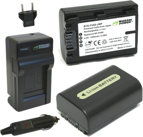 Wasabi Power Battery (2-Pack) and Charger for Sony NP-FH50 and Sony DSLR-A230, DSLR-A290, DSLR-A330, DSLR-A380, DSLR-A390, DSC-HX1, DSC-HX100V, DSC-HX200V, HDR-TG5V in Saudi Arabia
