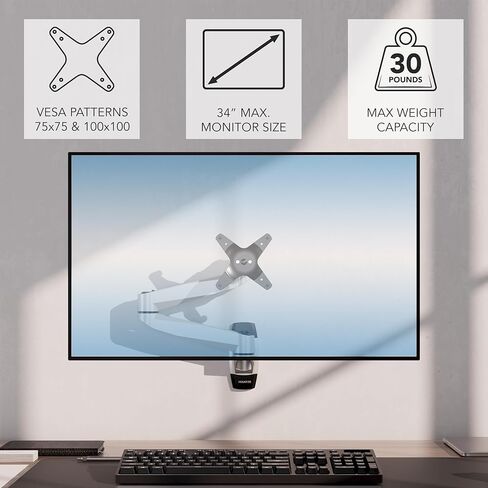 Mount-It! CLiX Series Single Monitor Wall Mount Full Motion Articulating Arm, TAA-Compliant, Fits 13-34" Screens up to 30 lbs, VESA 75 & 100, Premium Aluminum, Precision Control, Space-Saving, Silver in Saudi Arabia