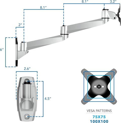 Mount-It! CLiX Series Single Monitor Wall Mount Full Motion Articulating Arm, TAA-Compliant, Fits 13-34" Screens up to 30 lbs, VESA 75 & 100, Premium Aluminum, Precision Control, Space-Saving, Silver in Saudi Arabia