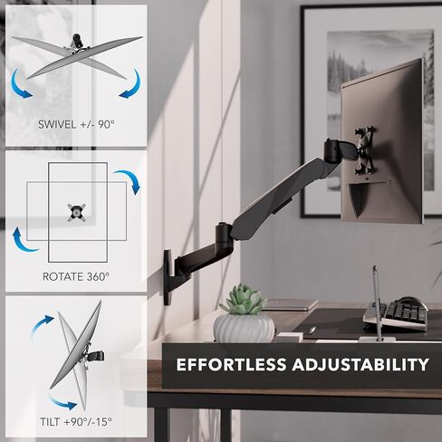 Mount-It! CLiX Series Single Monitor Wall Mount Gas Spring Arm, TAA-Compliant, Fits 13-32" Screens up to 19.8 lbs, VESA 75x75 100x100, Articulating, Premium Aluminum, Space-Saving Design, Black in Saudi Arabia