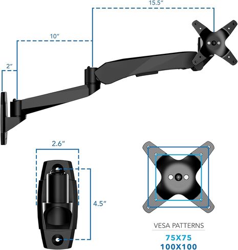 Mount-It! CLiX Series Single Monitor Wall Mount Gas Spring Arm, TAA-Compliant, Fits 13-32" Screens up to 19.8 lbs, VESA 75x75 100x100, Articulating, Premium Aluminum, Space-Saving Design, Black in Saudi Arabia