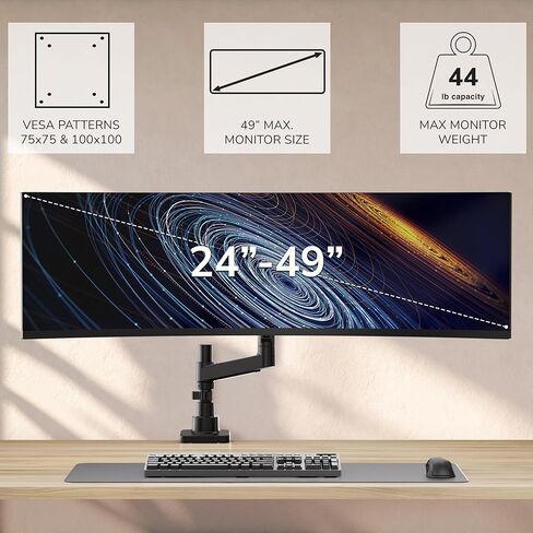 Mount-It! Ultrawide Monitor Desk Mount with Pole, Fits 17–49" Screens, Heavy Duty Height-Adjustable Gas Spring Arm, 44 lbs Capacity, Full Motion, VESA 75/100, Clamp or Grommet in Saudi Arabia