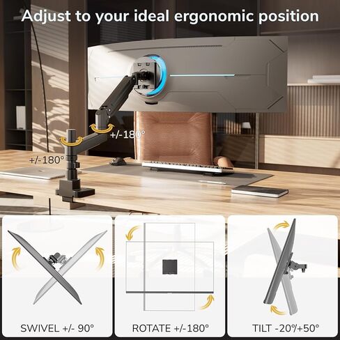 Mount-It! Ultrawide Monitor Desk Mount with Pole, Fits 17–49" Screens, Heavy Duty Height-Adjustable Gas Spring Arm, 44 lbs Capacity, Full Motion, VESA 75/100, Clamp or Grommet in Saudi Arabia