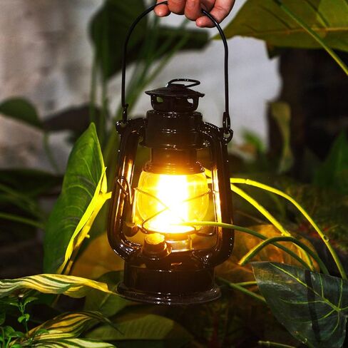 Hortsun 16 جهاز كمبيوتر شخصى 8 بوصة خمر LED فوانيس التخييم معدن أسود في الهواء الطلق بطارية تعمل معلقة فانوس الإعصار مع المصابيح الدافئة ومفتاح باهتة للداخلية ريفي مزرعة التخييم ديكور in Saudi Arabia