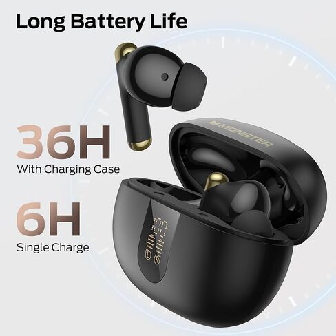 Monster Wireless Earbuds, Bluetooth 6.0 in-Ear Headphones with Charging Case, Stereo Earphones Deep Bass Sound, Built-in Mic, Clear Call, Water Resistant Design for Sports Black in Saudi Arabia