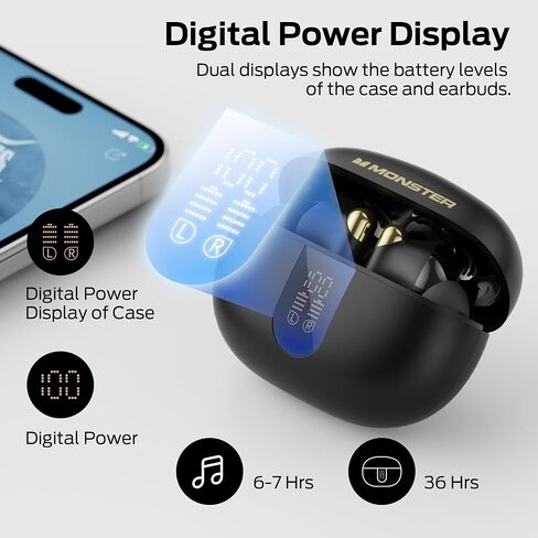Monster Wireless Earbuds, Bluetooth 6.0 in-Ear Headphones with Charging Case, Stereo Earphones Deep Bass Sound, Built-in Mic, Clear Call, Water Resistant Design for Sports Black in Saudi Arabia