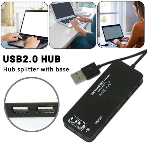 بطاقة صوت USB 2 في 1 ومحور 3 منافذ - 7.1 قناة صوتية مع دعم ميكروفون، توصيل وتشغيل USB 2.0 Hub لطابعة ماوس لوحة المفاتيح وسماعات الرأس على الكمبيوتر المحمول المكتبي الذي يعمل بنظام Windows in Saudi Arabia