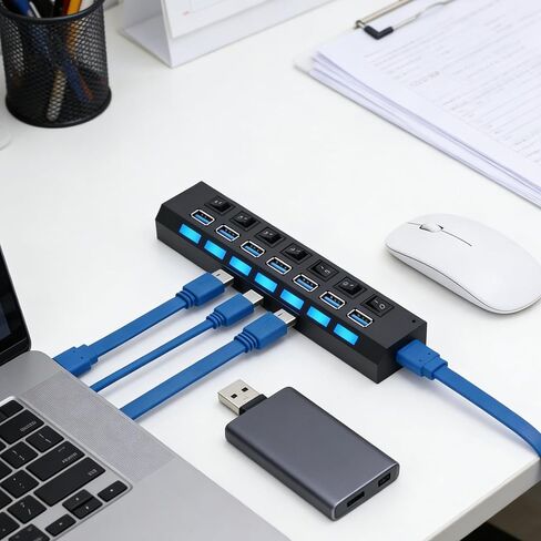 موزع USB 3.0 ذو 7 منافذ مع مفاتيح LED مستقلة، وصلة نقل بيانات بسرعة 5 جيجابت في الثانية متوافقة مع أجهزة Mac والكمبيوتر الشخصي in Kuwait