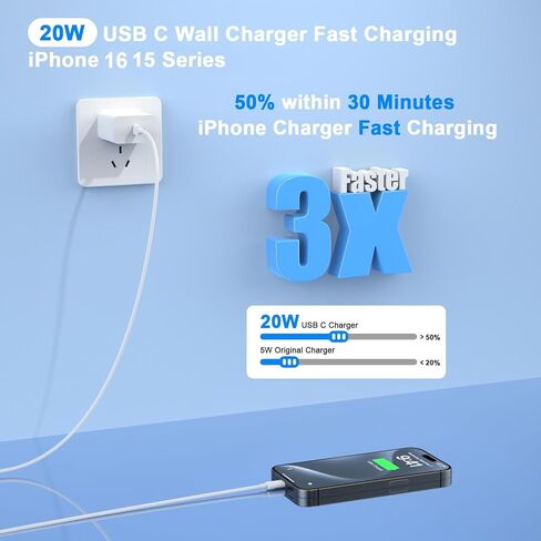 Compatible with iPhone 17 16 15 Charger Fast Charging, 20W USB C Wall Charger Block with 6FT Type C to C Charging Cable for iPhone 17/17 Pro/17 Pro Max/Air/16/16 Pro/16 Pro Max/15/15 Pro Max in Saudi Arabia