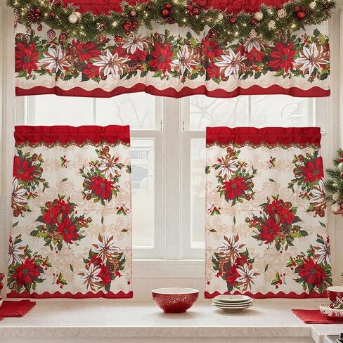 3 Pieces Christmas Kitchen Curtains Set, Plaid & Snowflake & Holly Xmas Curtains for Kitchen - Light Filtering, Easy Install Red Valances for Christmas Window Decor in Saudi Arabia