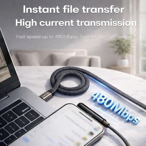 كابل شحن سريع LWW 240 واط USB-C إلى USB-C مع حامل هاتف مدمج، سلك مجدول من النوع C بزاوية يمين لأجهزة iPhone 15 وiPad وMacBook واستخدام الألعاب والمكتب، شاحن PD 3.1 متين، 3 عبوات in Kuwait