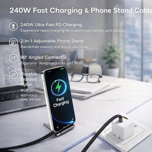 كابل شحن سريع LWW 240 واط USB-C إلى USB-C مع حامل هاتف مدمج، سلك مجدول من النوع C بزاوية يمين لأجهزة iPhone 15 وiPad وMacBook واستخدام الألعاب والمكتب، شاحن PD 3.1 متين، 3 عبوات in Kuwait