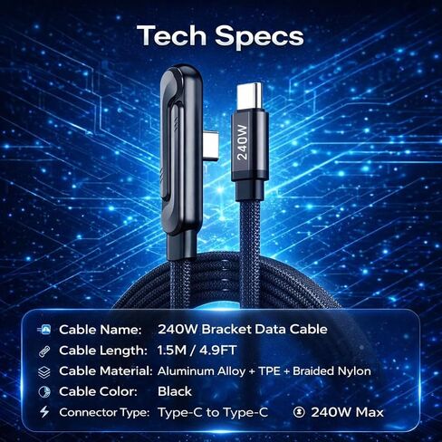 كابل شحن سريع LWW 240 واط USB-C إلى USB-C مع حامل هاتف مدمج، سلك مجدول من النوع C بزاوية يمين لأجهزة iPhone 15 وiPad وMacBook واستخدام الألعاب والمكتب، شاحن PD 3.1 متين، 3 عبوات in Kuwait