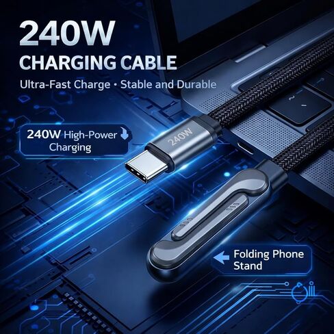 كابل شحن سريع LWW 240 واط USB-C إلى USB-C مع حامل هاتف مدمج، سلك مجدول من النوع C بزاوية يمين لأجهزة iPhone 15 وiPad وMacBook واستخدام الألعاب والمكتب، شاحن PD 3.1 متين، 3 عبوات in Kuwait