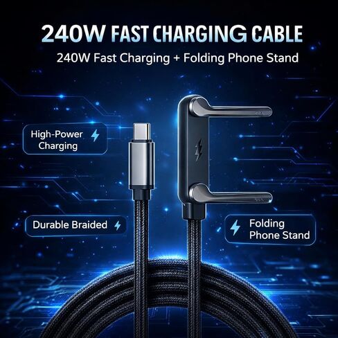 كابل شحن سريع LWW 240 واط USB-C إلى USB-C مع حامل هاتف مدمج، سلك مجدول من النوع C بزاوية يمين لأجهزة iPhone 15 وiPad وMacBook واستخدام الألعاب والمكتب، شاحن PD 3.1 متين، 3 عبوات in Kuwait