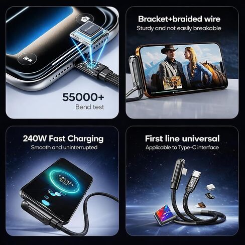 كابل شحن سريع LWW 240 واط USB-C إلى USB-C مع حامل هاتف مدمج، سلك مجدول من النوع C بزاوية يمين لأجهزة iPhone 15 وiPad وMacBook واستخدام الألعاب والمكتب، شاحن PD 3.1 متين، 3 عبوات in Kuwait