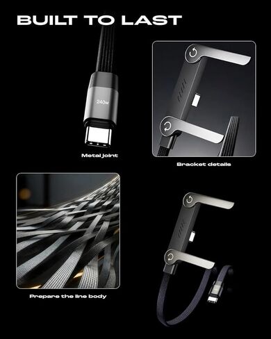 كابل بيانات حامل 240 واط، حامل غير مرئي، شاحن مسطح 2 في 1، حافظة شحن USB-C، شحن جانبي، حامل جانبي، أفقي، قابل للطي، سريع 90 درجة، كابلات مضفرة متعددة (240 واط/C-C) in Kuwait