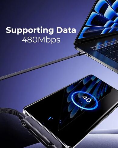 كابل بيانات حامل 240 واط، حامل غير مرئي، شاحن مسطح 2 في 1، حافظة شحن USB-C، شحن جانبي، حامل جانبي، أفقي، قابل للطي، سريع 90 درجة، كابلات مضفرة متعددة (240 واط/C-C) in Kuwait