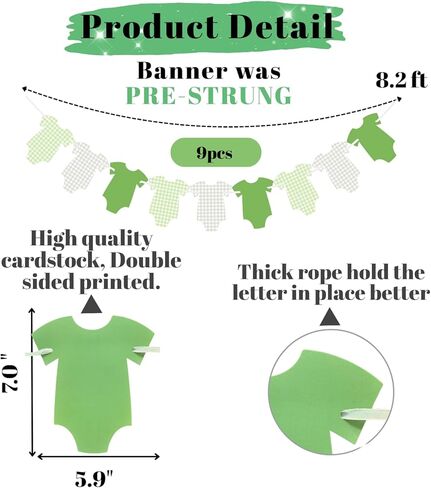 ALISSAR Pre-Strung Green Gingham Bodysuit Baby Shower Banner-9 Double-Sided Onesie Cards-Sage Green Baby Shower Bunting, Baby Boy Girl Party Decoration in Saudi Arabia