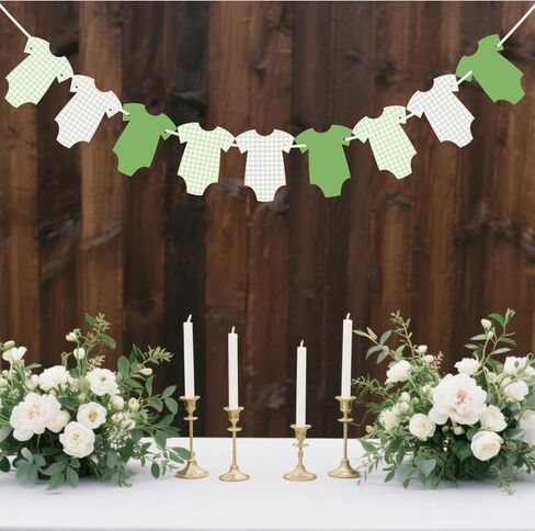 ALISSAR Pre-Strung Green Gingham Bodysuit Baby Shower Banner-9 Double-Sided Onesie Cards-Sage Green Baby Shower Bunting, Baby Boy Girl Party Decoration in Saudi Arabia