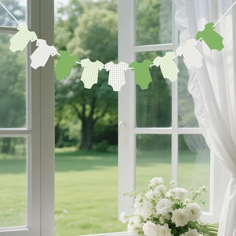 ALISSAR Pre-Strung Green Gingham Bodysuit Baby Shower Banner-9 Double-Sided Onesie Cards-Sage Green Baby Shower Bunting, Baby Boy Girl Party Decoration in Saudi Arabia