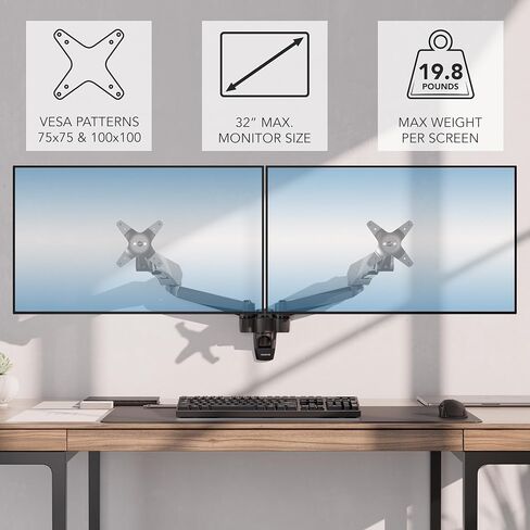 Mount-It! CLiX Dual Monitor Wall Mount Gas Spring Arms, TAA-Compliant, Monitor Wall Mounts for 2 Monitors 13-32" up to 19.8 lbs Each, VESA 75 100, Effortless Height Adjustable, Premium Aluminum, Black in Saudi Arabia