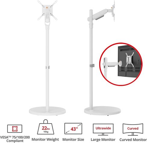 SIIG Single 43" Portable Monitor Arm TV Rolling Stand- White– Fits17-43" Screens- Up to 22 lbs- Cable Management- Quick-Release VESA Plate- VESA Plate 75/100/200 (CE-MT5F11-S1) in Saudi Arabia