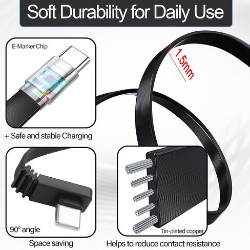كابل USB C قصير 0.68 قدم PD100W الزاوية اليمنى من النوع C سلك شحن سريع مسطح من النوع USB C ذكر إلى أنثى كابل 90 درجة USB-C تمديد كابل قصير للهاتف 15/16، والكمبيوتر المحمول، والكمبيوتر اللوحي، والمزيد in Kuwait