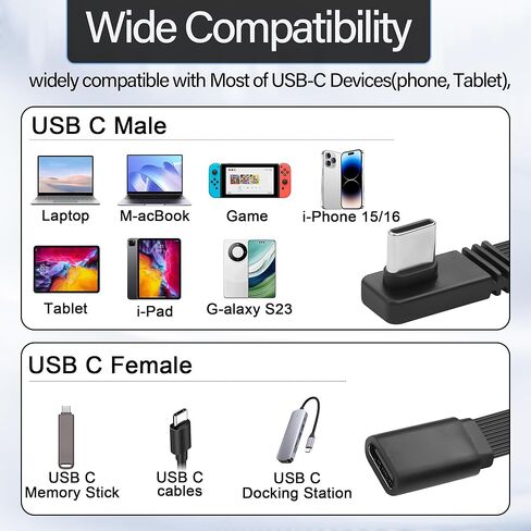 كابل USB C قصير 0.68 قدم PD100W الزاوية اليمنى من النوع C سلك شحن سريع مسطح من النوع USB C ذكر إلى أنثى كابل 90 درجة USB-C تمديد كابل قصير للهاتف 15/16، والكمبيوتر المحمول، والكمبيوتر اللوحي، والمزيد in Kuwait