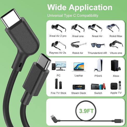 نظارات AR الذكية USB C لشحن البيانات وكابل إمداد الطاقة، 1.2M / 3.9FT 20Gbps USB 3.2 Gen2 - متوافق مع XREAL Air/One، VITURE Pro XR، RayNeo Air، Rokid Max/Joy in Kuwait
