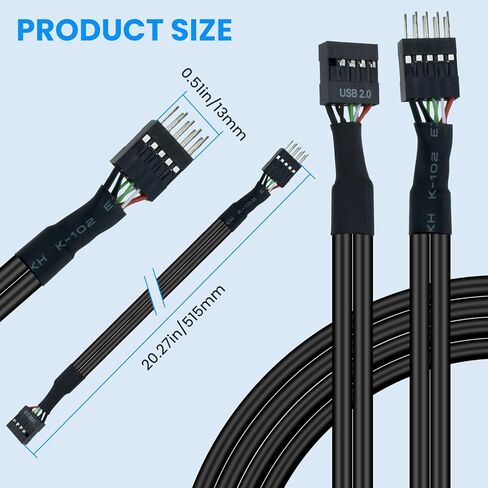 كابل تمديد رأس USB SDTC Tech، 20.3 بوصة USB 2.0 9-Pin ذكر إلى أنثى كابل رأس اللوحة الأم الداخلي لمنافذ USB وبطاقات التوسعة ومنافذ اللوحة الأم، قطعتان in Saudi Arabia