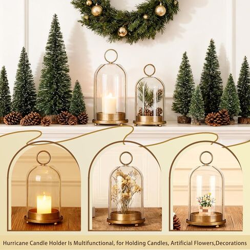 Large & Small Cloche Glass Dome Candle Holders - Glass Hurricane Candle Holder,Gold Candlestick & Lanterns Set of 2 Can Be Placed Desktop Hung,for Pillar Candles,Plants Decorative in Saudi Arabia
