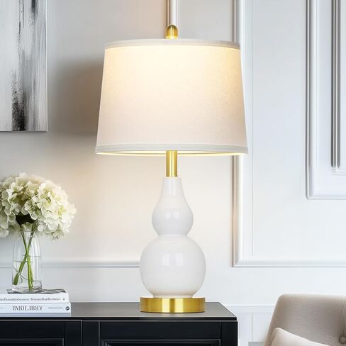مجموعة مصابيح طاولة سيراميك مقاس 25 بوصة مكونة من 2، مصباح طاولة سيراميك حديث مزدوج القرع لغرفة المعيشة، مصباح منضدة بجانب السرير بمزرعة بيضاء ريفية مع ظلال قماشية لغرفة النوم والمكتب وطاولة ديكور المنزل والمكتب in Kuwait