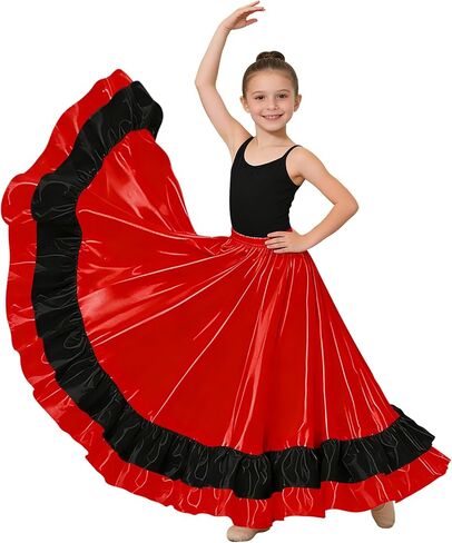 Girls Ruffles Layers Satin Long Skirt for Circle Ruffle Skirt Spanish Flamenco Belly Dance Gypsy for Girls 8-12 Years in Saudi Arabia