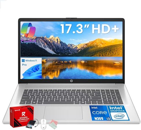 كمبيوتر محمول HP 2025 مقاس 17 بوصة - شاشة 17.3 بوصة HD+ مضادة للوهج، Intel 8-Core i3-N305، Win 11 Pro، Ai Copilot، لوحة مفاتيح رقمية، Wi-Fi 6، للمدرسة والمكتب (ذاكرة الوصول العشوائي 16 جيجابايت | 512 جيجابايت SSD) (متجدد) in Kuwait
