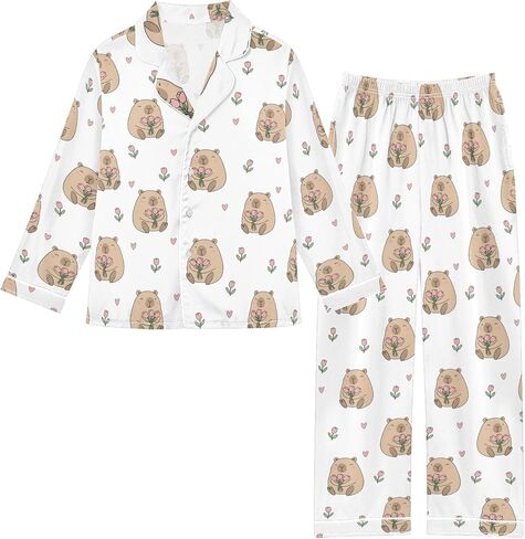 Kids Casual Satin Wear Set Capybara Pizza Pattern Unisex Relaxed Fit Clothing in Saudi Arabia